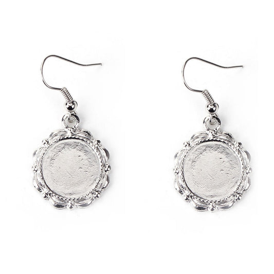 E122 - 10 pcs. Silver Tone Earring Dangle Hooks Settings Bezels Cabochons - 14mm Glue Pad Setting - Ornamented - Carved