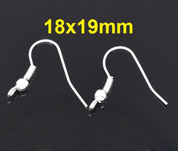 E025B - 100 pcs Silver Plated Earring Hooks with Spring and Ball - 18x19mm - Perpendicular Loop