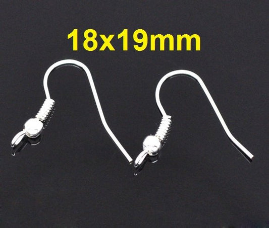 E025B - 100 pcs Silver Plated Earring Hooks with Spring and Ball - 18x19mm - Perpendicular Loop