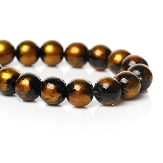 BD824 - 80 pcs Black and Yellow Gold Pearl Swirl Glass Round Loose Beads - 10mm - Hole Size: 1mm - 30.5" Strand