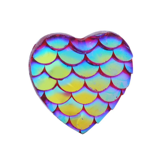 CA321 - 10 pcs Mermaid Fish Scales Resin Carved Embellishment Cabochons - Red Multicolor - 12mm - Heart