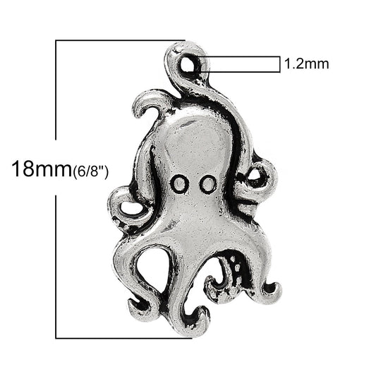 P518 - 20 pcs. Antique Silver Octopus Charms Pendants - 18mm x 10mm - Hole Size: 1.2mm