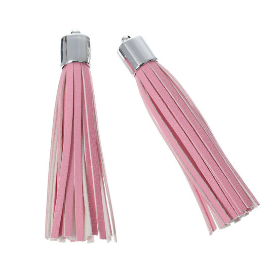 P318 - 3 pcs. Pink White Faux Leather Tassel Dangle Charms Pendants - Silver Tone - 9.5cm (3.75") - Hole Size: 1.9mm - Great for Light Earrings!