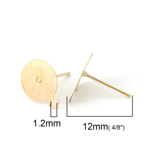 E353 - 50 pieces (25 pairs) Gold Plated Earring Posts/Bases/Studs/Settings with Loop and Rubber Backs - 12mm x 10mm - 10mm Glue Pad Diameter