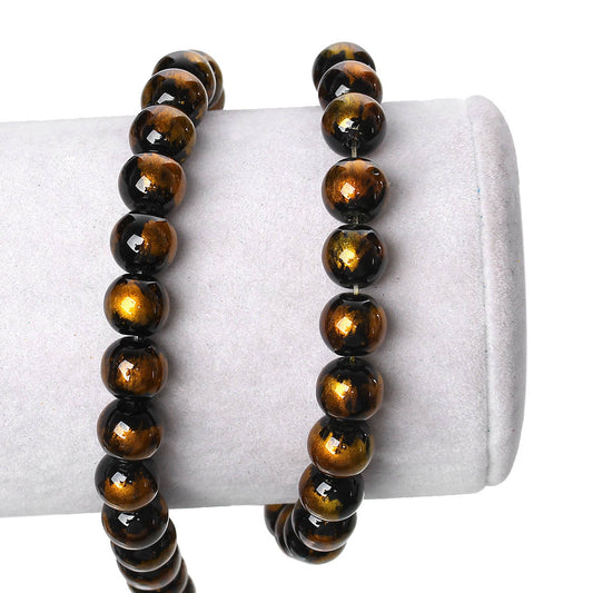 BD824 - 80 pcs Black and Yellow Gold Pearl Swirl Glass Round Loose Beads - 10mm - Hole Size: 1mm - 30.5" Strand