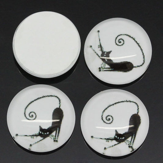 CA082B - 30 pcs Circle Black and White Cat Glass Round Dome Seals Tiles Cabochons - 12mm - Single - Pouncing