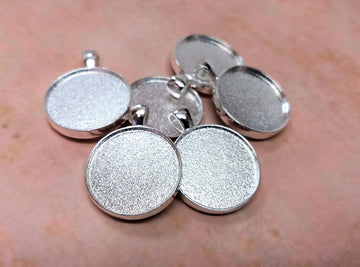 P973B - 25 pcs. Silver Plated Pendant Trays Circle Posts Settings Bezels Cabochons - 25mm Glue Pad Setting (1 inch) - Double-Sided - High Quality
