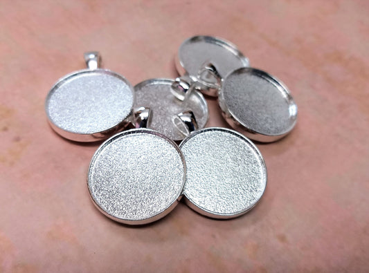 P973B - 25 pcs. Silver Plated Pendant Trays Circle Posts Settings Bezels Cabochons - 25mm Glue Pad Setting (1 inch) - Double-Sided - High Quality