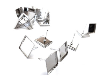 E356 - 10 pcs. Silver Tone Square Earring Posts Studs Settings Bezels Cabochons Tacks- 12mm x 12mm Glue Pad Setting