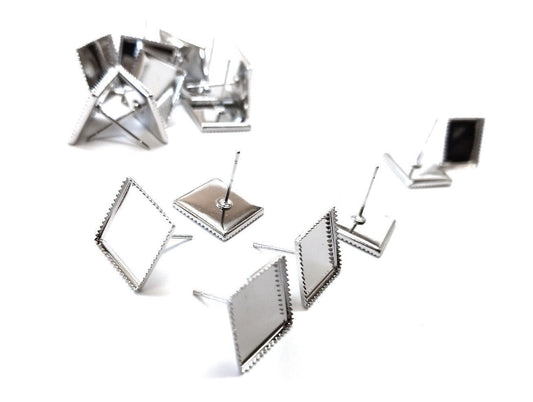 E356 - 10 pcs. Silver Tone Square Earring Posts Studs Settings Bezels Cabochons Tacks- 12mm x 12mm Glue Pad Setting