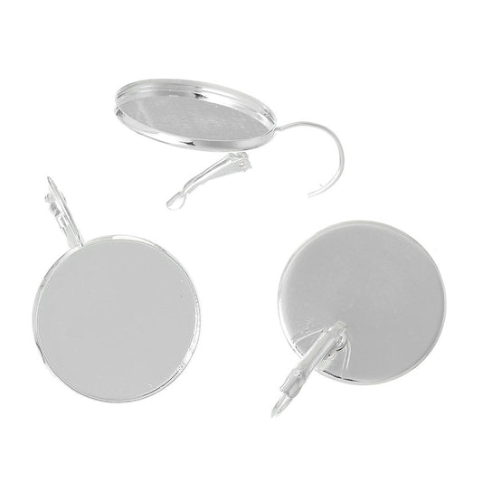 E784 - 10 pcs. Silver Plated Earring Clips Settings Lever Back Bezels Cabochons - 25mm Glue Pad Setting (1 inch)- Made of Copper!