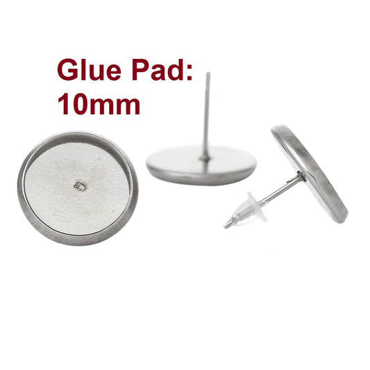 E319 - 30 pcs. 304 Stainless Steel Earring Posts Studs Settings Bezels Cabochons Tacks - 10mm Glue Pad Setting - Silver Tone