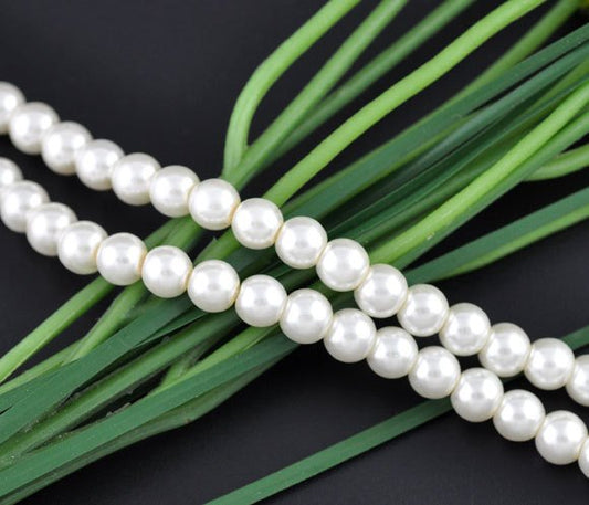 BD135 - 6mm White Glass Pearl Imitation Round Beads - 32 inch strand