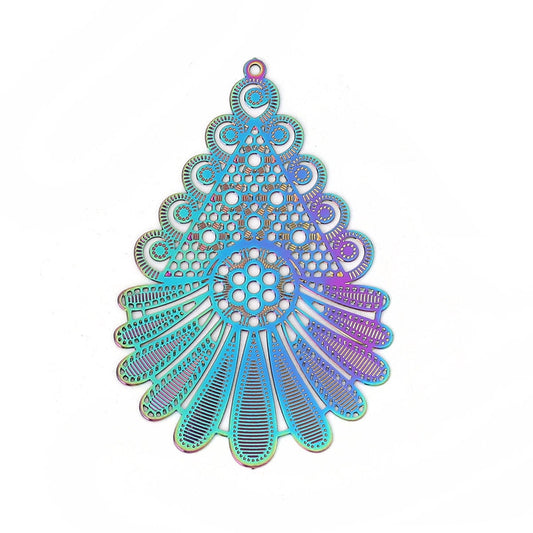 P705 - 2 pcs. Metal Rainbow Multicolor Enamel Painted Feather Style Pendants Dangle Charms - 47mm (1.85") - Double-Sided - Great for Earrings