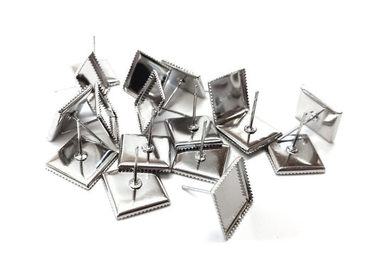 E356 - 10 pcs. Silver Tone Square Earring Posts Studs Settings Bezels Cabochons Tacks- 12mm x 12mm Glue Pad Setting