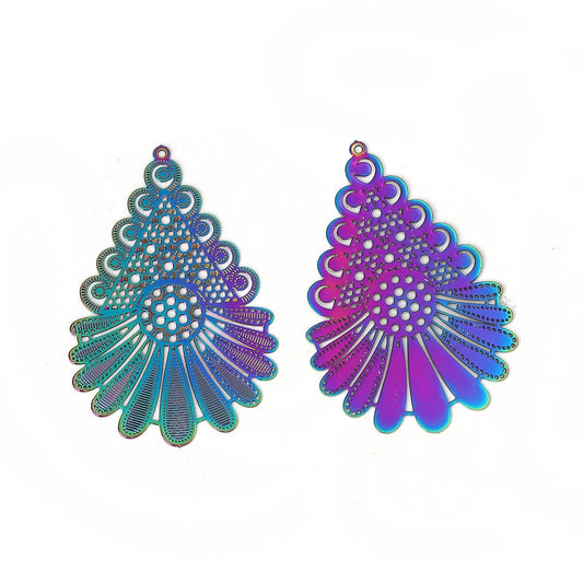 P705 - 2 pcs. Metal Rainbow Multicolor Enamel Painted Feather Style Pendants Dangle Charms - 47mm (1.85") - Double-Sided - Great for Earrings