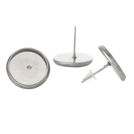E319 - 30 pcs. 304 Stainless Steel Earring Posts Studs Settings Bezels Cabochons Tacks - 10mm Glue Pad Setting - Silver Tone