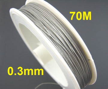 N161 - 1 Roll - 70M - Antique Silver Grey Gray Tiger Tail Cord - 0.3mm - Steel Wire