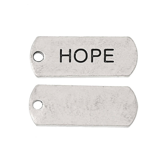 P320 - 10 pcs. Antique Silver "Hope" Rectangle Charms Pendants - 21mm X 8mm