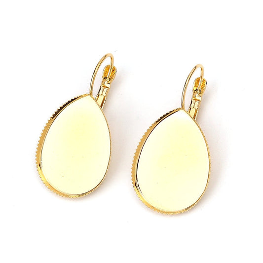 E785 - 10 pcs. (5 pairs) Gold Plated Teardrop Earring Clips Settings Lever Back Bezels Cabochons - 25mm x 18mm Glue Pad Setting - Drop