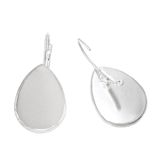 E320 - 10 pcs. Silver Plated Plated Earring Clips Settings Lever Back Bezels Cabochons - 25mm x 18mm Glue Pad Setting - Teardrop