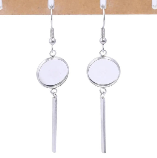 E668 - 10 pcs. 304 Stainless Steel Silver Tone Earring Dangle Hooks Bezels - 12mm Setting - 25mm Bar