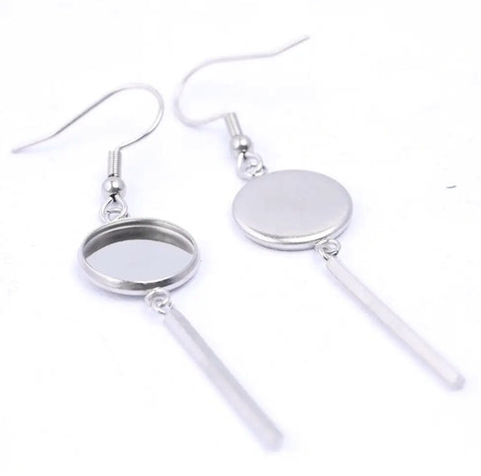 E668 - 10 pcs. 304 Stainless Steel Silver Tone Earring Dangle Hooks Bezels - 12mm Setting - 25mm Bar
