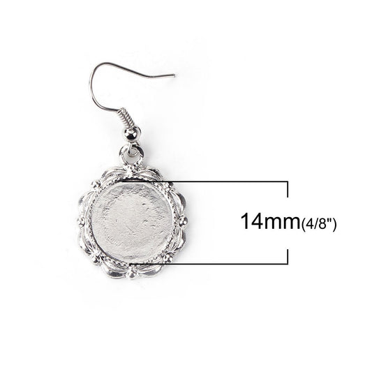 E122 - 10 pcs. Silver Tone Earring Dangle Hooks Settings Bezels Cabochons - 14mm Glue Pad Setting - Ornamented - Carved