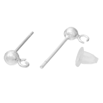 E237 - 4 pcs. (2 pairs) 925 Sterling Silver Earring Ball Posts Studs Settings with Loop - 14mm x 6mm