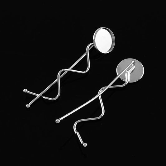 H047 - 10 pcs. - Silver Tone Hair Bobby Pins Cabochons Bezels - 67mm (2.63") - 14mm Glue Pad - Platinum