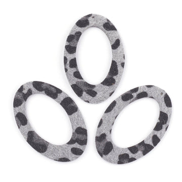 P2227 - 10 pcs. Gray Leopard Faux Fur Leather Dangle Charms Pendants - Oval - 60mm (2.36") - Great for Light Earrings or Dangles! Black Back