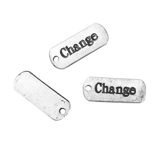 P322 - 10 pcs. Antique Silver "Change" Rectangle Charms Pendants - 21mm X 8mm