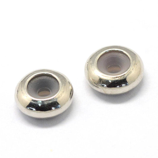 BD384 - 10 pcs Silver Tone Smooth Spacer Stoppers with Rubber - 9mm x 4mm - Hole Size: 2mm - Platinum