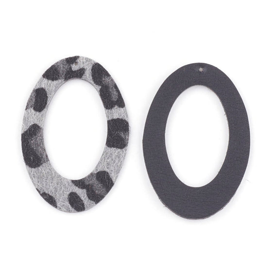 P2227 - 10 pcs. Gray Leopard Faux Fur Leather Dangle Charms Pendants - Oval - 60mm (2.36") - Great for Light Earrings or Dangles! Black Back