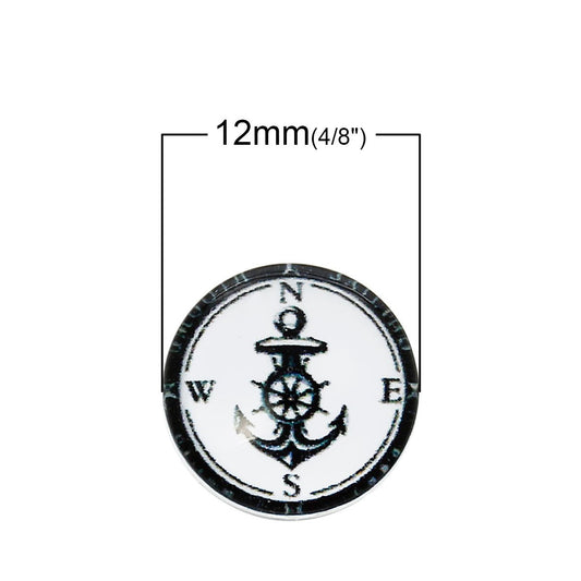 CA248 - 10 pcs Circle Compass Anchor Nautical Navigation Glass Round Dome Seals Tiles Cabochons - 12mm