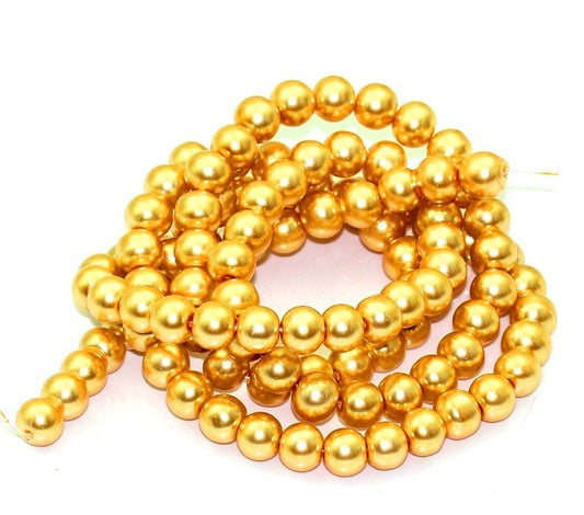 BD138 - 8mm Yellow Gold Glass Pearl Imitation Round Beads - 32 inch strand - Hole Size: 1mm - Approx. 105 beads