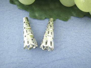 BD386 - 100 pcs. Silver Plated Hollow Flower Triangle Nail Spacer Bead Caps - 23mm x 9mm (Fits 8mm - 10mm beads)