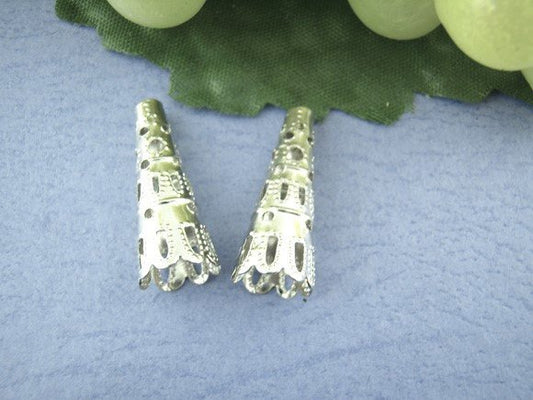 BD386 - 100 pcs. Silver Plated Hollow Flower Triangle Nail Spacer Bead Caps - 23mm x 9mm (Fits 8mm - 10mm beads)