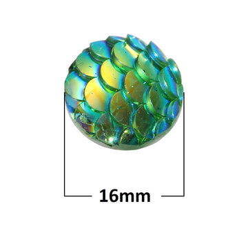 CA427 - 10 pcs Mermaid Fish Scales Resin Carved Embellishment Cabochons Green AB - 16mm (5/8 in)