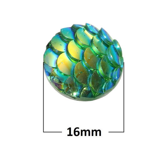 CA427 - 10 pcs Mermaid Fish Scales Resin Carved Embellishment Cabochons Green AB - 16mm (5/8 in)