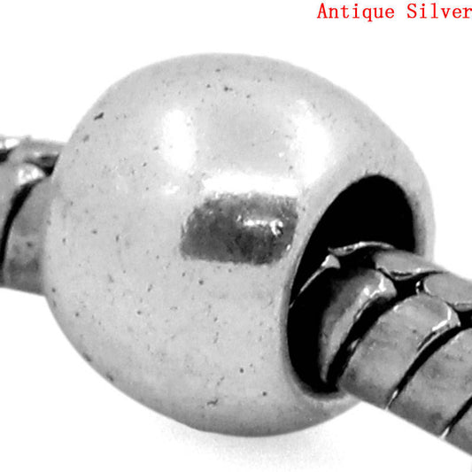 BD437 - 100 pcs Antique Silver Tone Smooth Drum METAL Spacer Beads - 7mm x 6mm - Large Hole: 4mm - Fits European Cords!