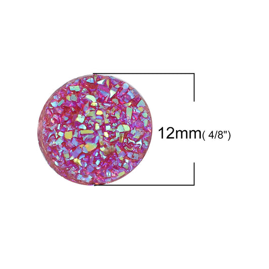 CA051 - 10 pcs Druzy Resin Embellishment Cabochons Red Pink Fuchsia - 12mm (1/2 in) - Dome Circle