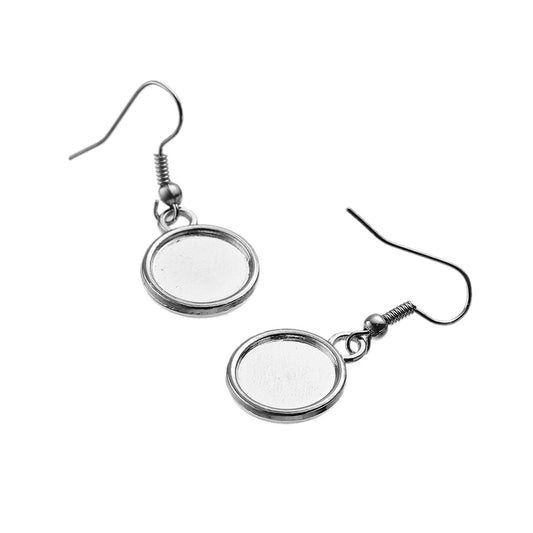 E102 - 10 pcs. Silver Tone Earring Dangle Hooks Settings Bezels Cabochons - 12mm Glue Pad Setting