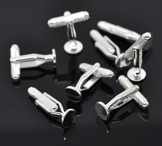CU030 - Lot of 10 Silver Plated Textured Cuff Links (5 pairs) 27mm - 8mm Glue Pad