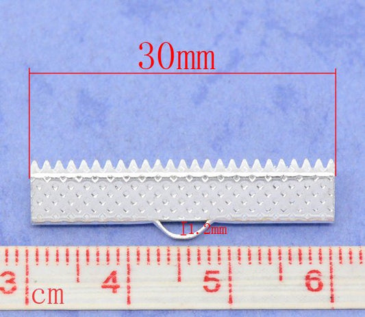 BA043 - 100 pcs. Silver Plated Textured Ribbon Crimp End Caps - 30x7.5mm