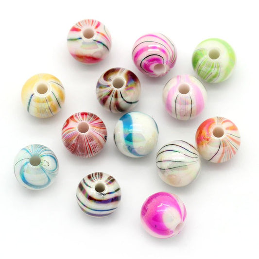 BD439 - 300 pcs Acrylic Glossy Marble Round Gumball Bubble Gum Striped AB Beads, 8mm - Assortment of Colors - 1.5mm Hole Size