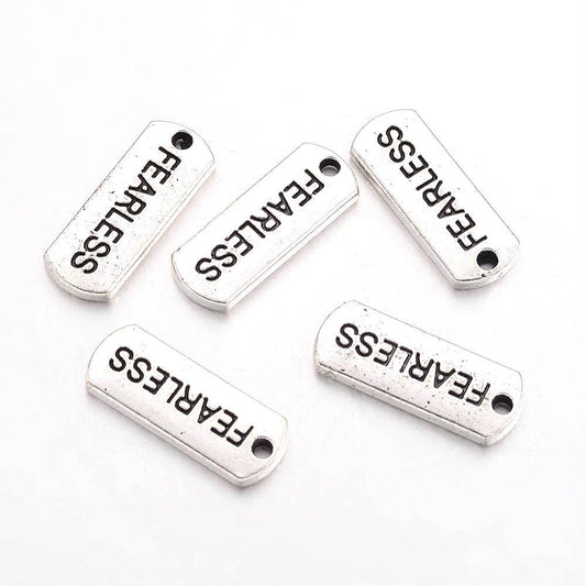 P344A - 30 pcs. Antique Silver "Fearless" Rectangle Charms Pendants - 21mm x 8mm - Hole Size: 2mm