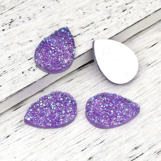 CA330B - 100 pcs Drusy Druzy Resin Embellishment Teardrop Cabochons - Purple AB - 25x18mm - 25mm x 18mm - 18x25mm - Tear Drop - Thick: 4.5mm