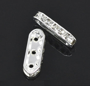 BD330 - 10 pcs. Sterling Silver Plated Rectangle Austrian Crystal Rhinestone 3 Hole Connectors! Great for triple strand bracelets! 18mm x 7mm
