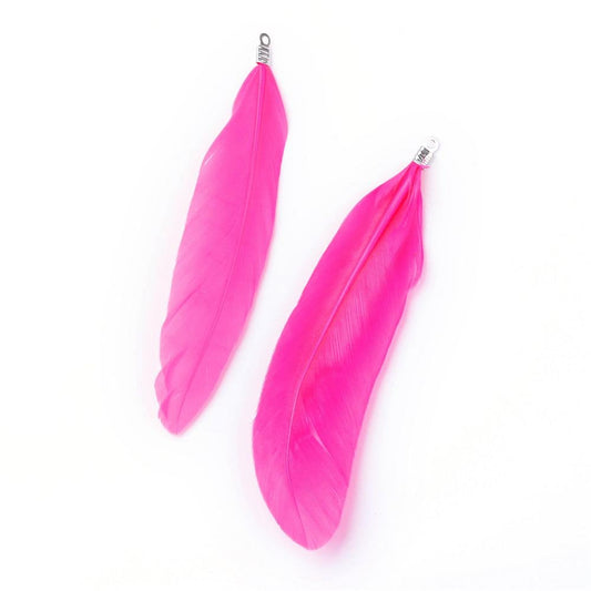 P381 - 10 pcs Hot Pink Dangle Charms Pendants - Feather - Silver Tone Crimps - 75mm (2.95") - Great for Light Earrings or Dangles!